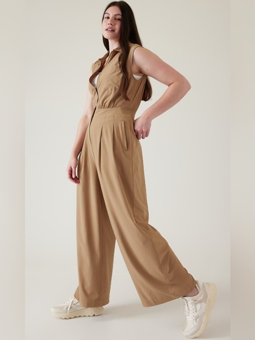 NWOT Athleta Brooklyn Heights Wide Leg Jumpsuit 14P Tan